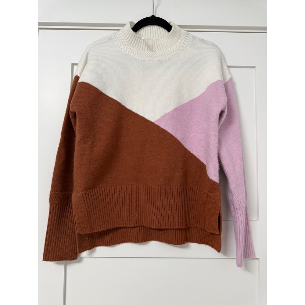 Grace + Karma Colorblock Mock Neck Sweater White Brown Pink Small